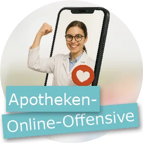 Lächelnde Apothekerin erscheint aus einem Smartphone, hebt kraftvoll die Faust und hält ein Schild mit Herzsymbol und dem Schriftzug "Apotheken-Online-Offensive"