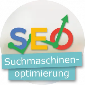 Das Wort „SEO“ in bunten Buchstaben mit grüner Aufwärtspfeil-Grafik, darunter zwei türkisfarbene Textbalken mit der Aufschrift „Suchmaschinenoptimierung"
