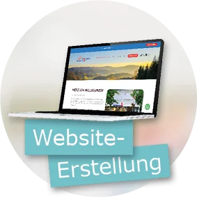 Laptop mit geöffneter Webseite, darüber zwei türkisfarbene Textbalken mit der Aufschrift „Website-Erstellung“.