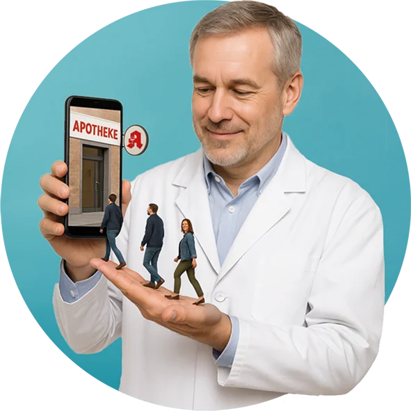 Apotheker hält ein Smartphone mit geöffneter virtueller Apothekentür. Kleine Menschenfiguren gehen aus seiner Hand in Richtung des Smartphones mit „Apotheke“-Schild.