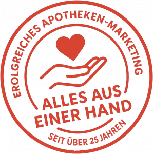 Rotes Rundsiegel mit einer Hand, die ein Herz hält. Im Siegel steht: „Erfolgreiches Apotheken-Marketing – Alles aus einer Hand – Seit über 25 Jahren“