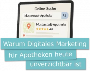 Illustration einer Online-Suche nach „Musterstadt-Apotheke“ mit einer Bewertung von 4,8 Sternen und der Überschrift „Warum Digitales Marketing für Apotheken heute unverzichtbar ist“.