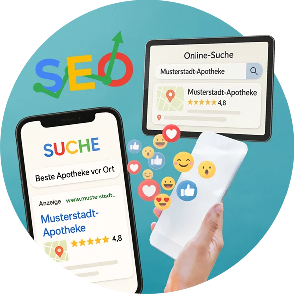 Mehrere Smartphones und Tablets zeigen Online-Suchergebnisse für „Musterstadt-Apotheke“ mit Sternebewertungen. Dazu Social-Media-Reaktionen wie Likes, Herzen und Emojis sowie ein großes „SEO“-Logo mit Pfeil nach oben.