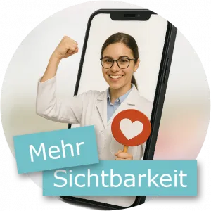 Smartphone mit einer Apothekerin und dem Schriftzug "Mehr Sichtbarkeit"