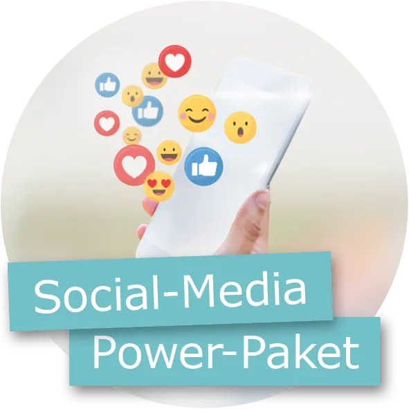 Hand hält ein Smartphone, aus dem bunte Social-Media-Symbole wie Likes, Herzen und Emojis aufsteigen. Im Vordergrund zwei türkisfarbene Balken mit dem Text „Social-Media Power-Paket“.