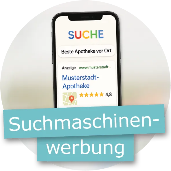 Smartphone mit einer Google-Suchanzeige für „Beste Apotheke vor Ort“. Darauf ein Eintrag zur „Musterstadt-Apotheke“. Im Vordergrund ein türkisfarbener Balken mit der Aufschrift „Suchmaschinenwerbung“.