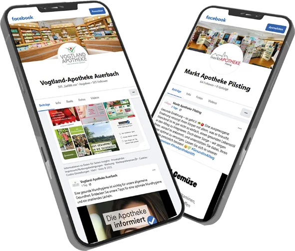 Smartphone mit der Ansicht einer Apothekenseite auf Facebook und Instagram