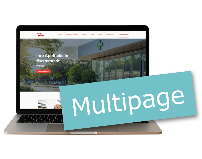 Laptop mit einer Apotheken-Webseite auf dem Bildschirm, darüber ein türkisfarbener Balken mit dem Schriftzug „Multipage“.